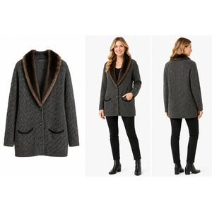 Liz Claiborne Cardigan Womens M Grey‎ Faux Fur Collar Merino Wool Blend Sweater